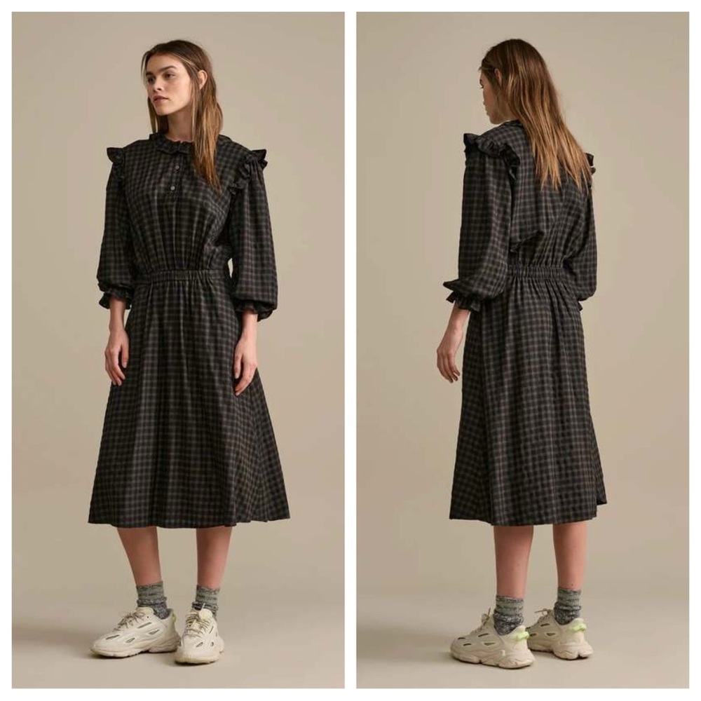 Bellerose Farrah Dress Midi Long-Sleeve Gingham Printed Prairie Ruffled Trim